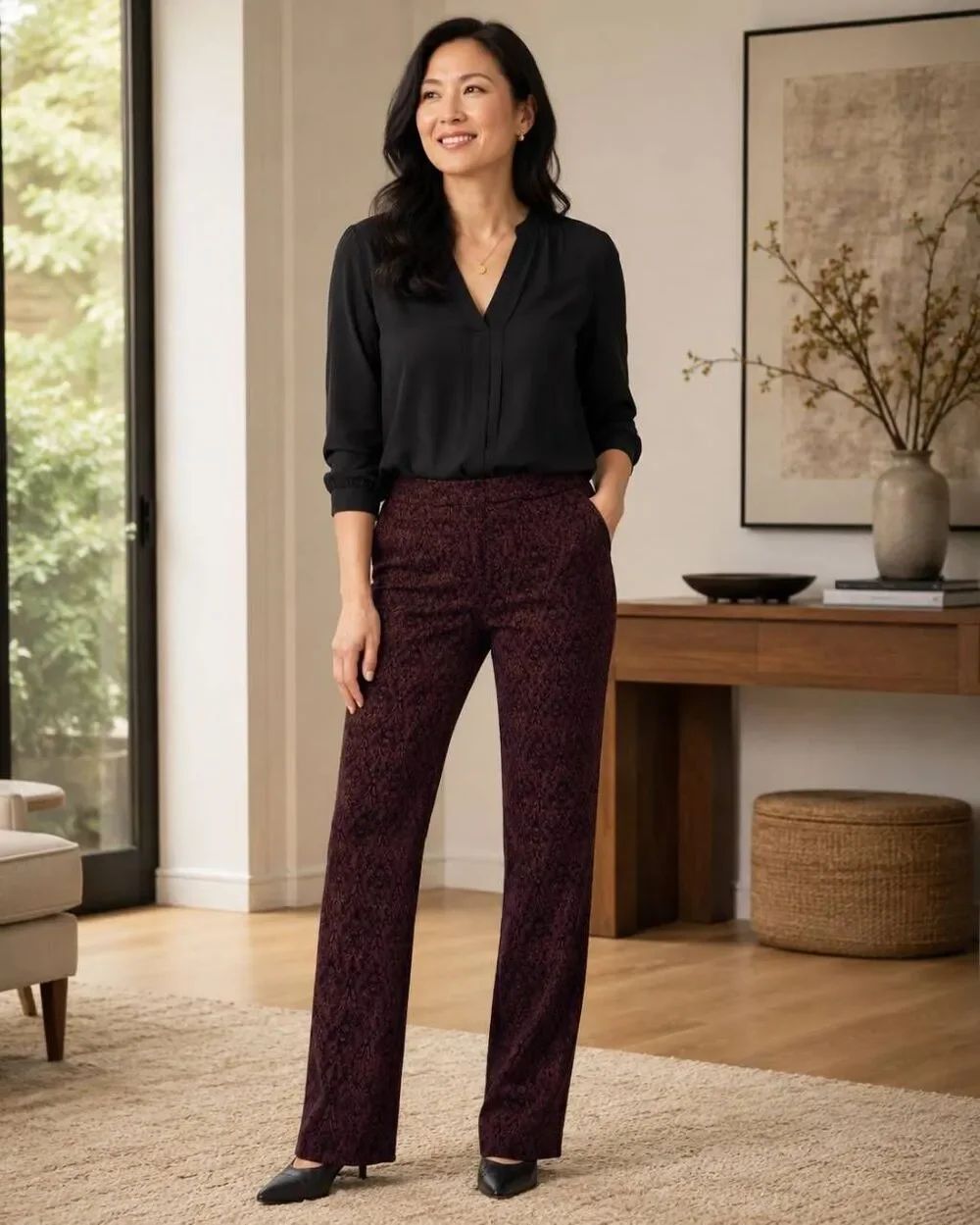 Renuar Womens Embroidered Classic Pull-On Wine Black Stretch Pants Size 8